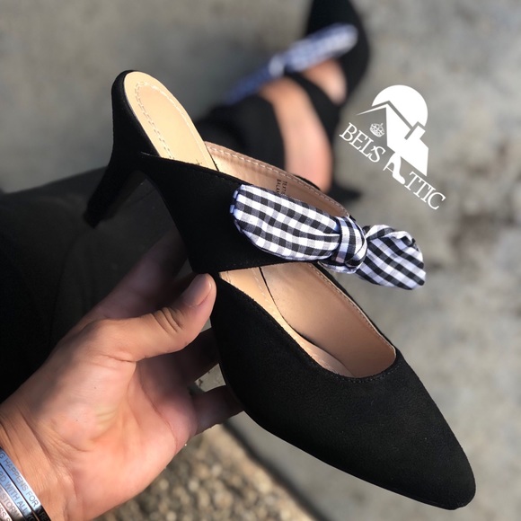 Black Gingham Bow Strap Kitten Heel Mule Pumps - Picture 3 of 8